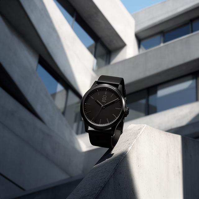 Schwarze Armbanduhr vor moderner Architektur mit geometrischen Linien