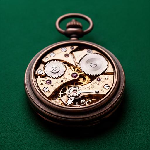 Geöffnete Taschenuhr mit feinen Zahnrädern auf einem grünen Uhrmacherfilz
