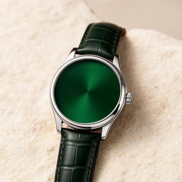 Elegante Armbanduhr mit grünem Zifferblatt auf hellem Stein