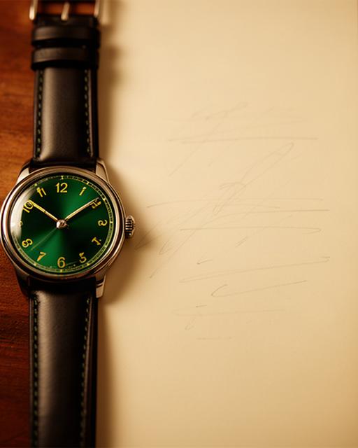 Geschlossene Armbanduhr mit grünem Zifferblatt neben einer handschriftlichen Auftragsnotiz
