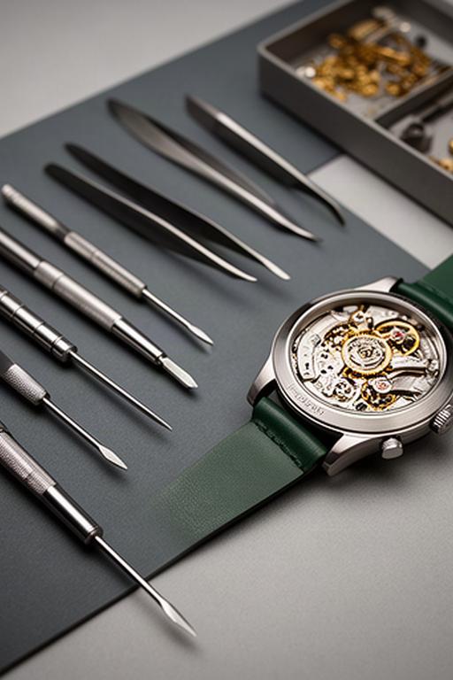 Feine Uhrmacherwerkzeuge liegen neben einer geöffneten Armbanduhr auf einer Arbeitsunterlage