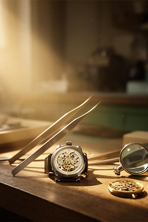 Sonnenlicht fällt auf eine klassische Uhr und feine Werkzeuge im Atelier