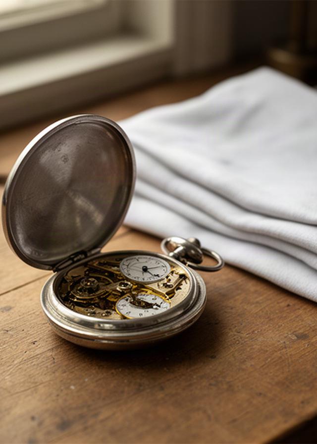 Silberne Taschenuhr liegt geöffnet auf einer hölzernen Arbeitsfläche neben einem weissen Tuch