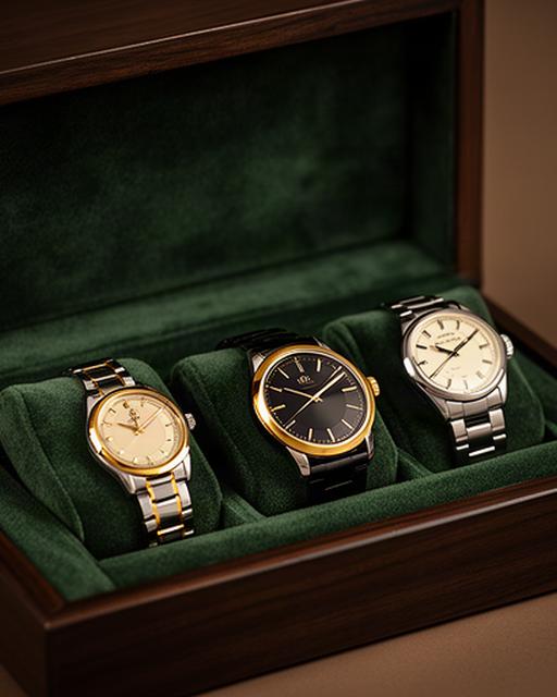 Drei klassische Armbanduhren liegen in einer gepolsterten Uhrenbox aus grünem Samt