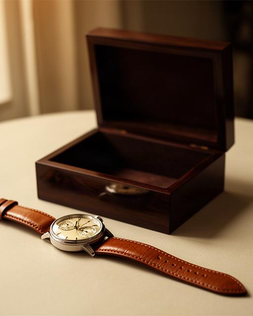 Lederarmband und klassische Armbanduhr neben einer Schatulle aus dunklem Holz