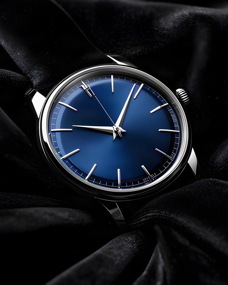 Armbanduhr mit blauem Zifferblatt und polierten Zeigern auf schwarzem Tuch