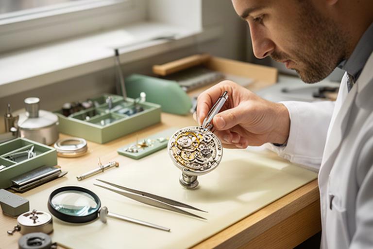 Uhrmacherin prüft ein mechanisches Uhrwerk an einer hellen Werkbank in Wohlen