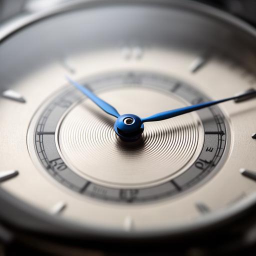 Feine Sekundenauslage einer mechanischen Uhr mit gebläutem Zeiger im Detail