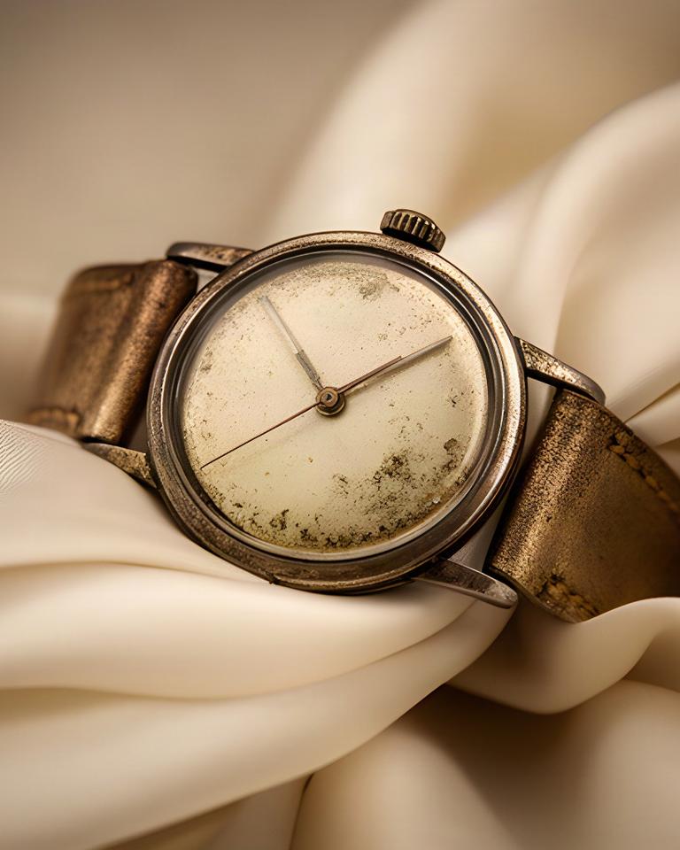 Vintage-Armbanduhr auf cremefarbener Seide mit patiniertem Zifferblatt