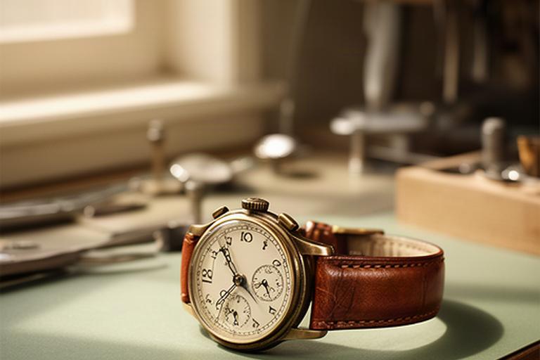 Restaurierte Vintage-Uhr mit neuem Lederband auf einem Tisch in der Werkstatt