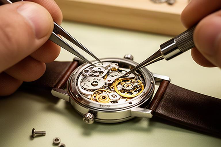 Geöffnete Armbanduhr während einer Reparatur mit Pinzette und Schraubendreher