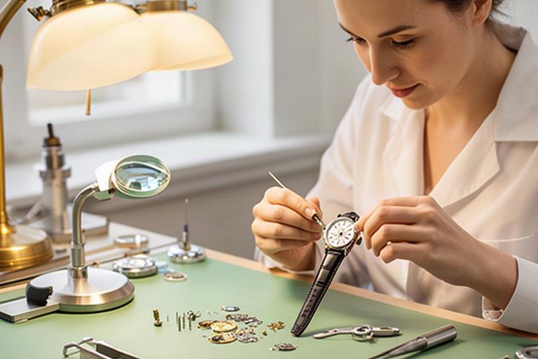 Uhrmacherin arbeitet an einer feinen Armbanduhr an einem hellen Werktisch in der Werkstatt
