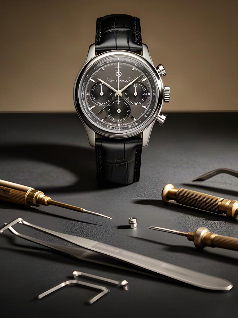 Chronograph mit schwarzem Lederband neben feinen Uhrmacherwerkzeugen